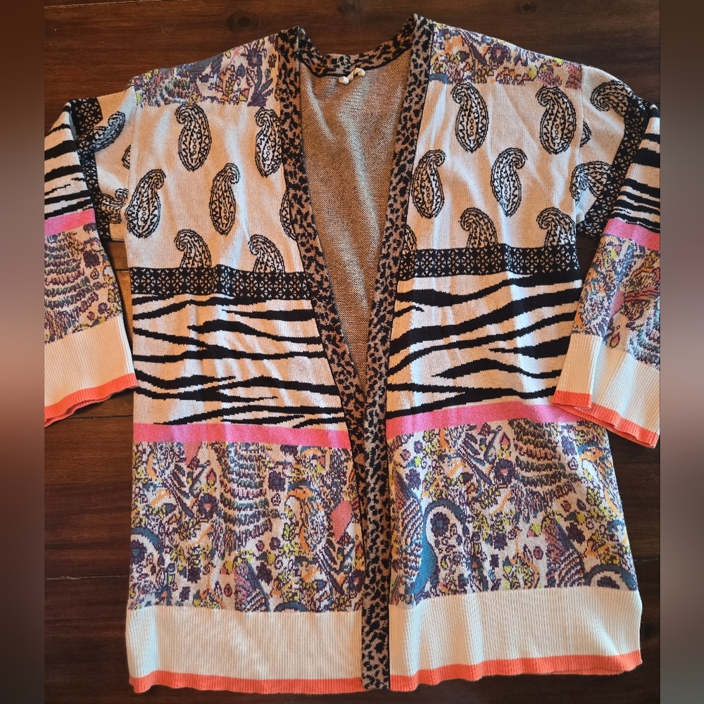 By Anthropologie Boho Mixed-Print Open Front Cardigan Sweater - Cream & Pink - Picture 3 of 4